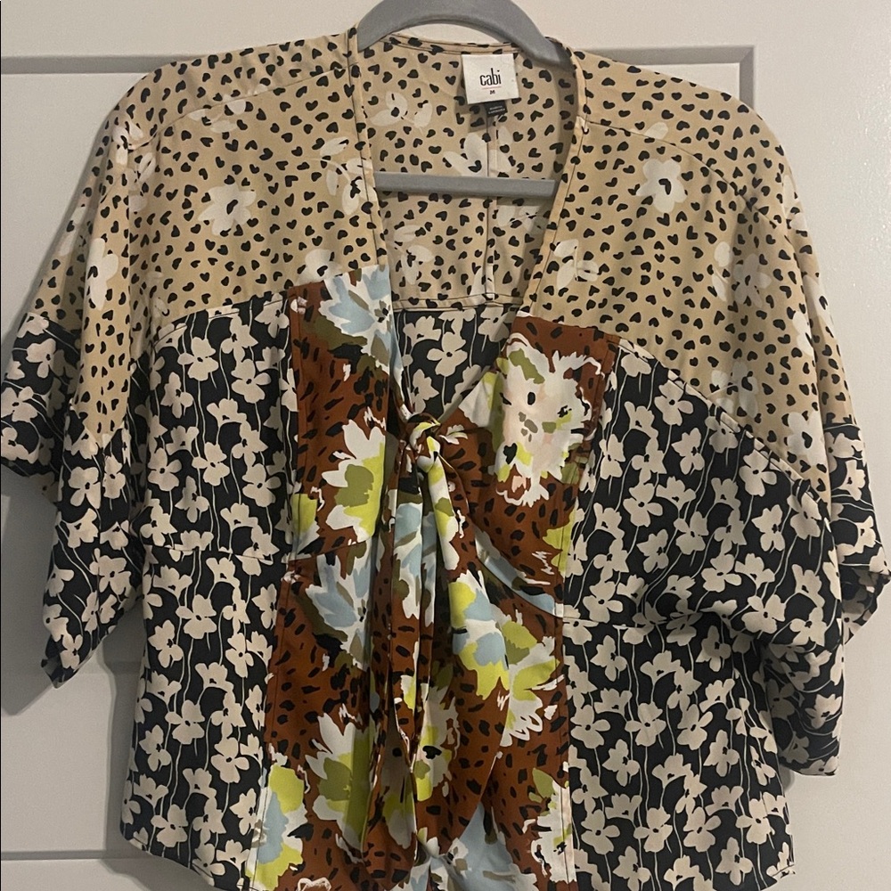 CAbi Multi-Print Tie-Front Blouse in Beige, Black & Brown with Green Accents